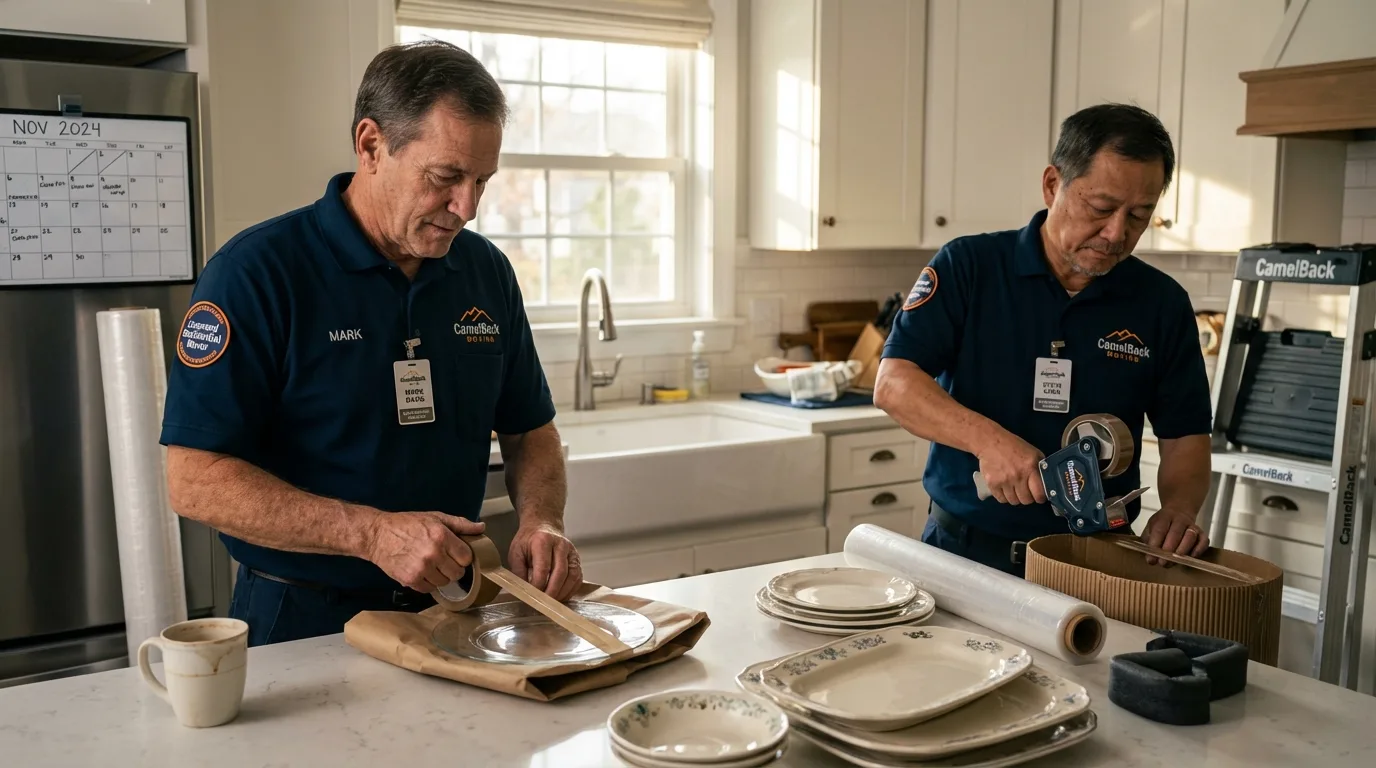 Professional crew packing kitchen dishware in Tivoli, NY